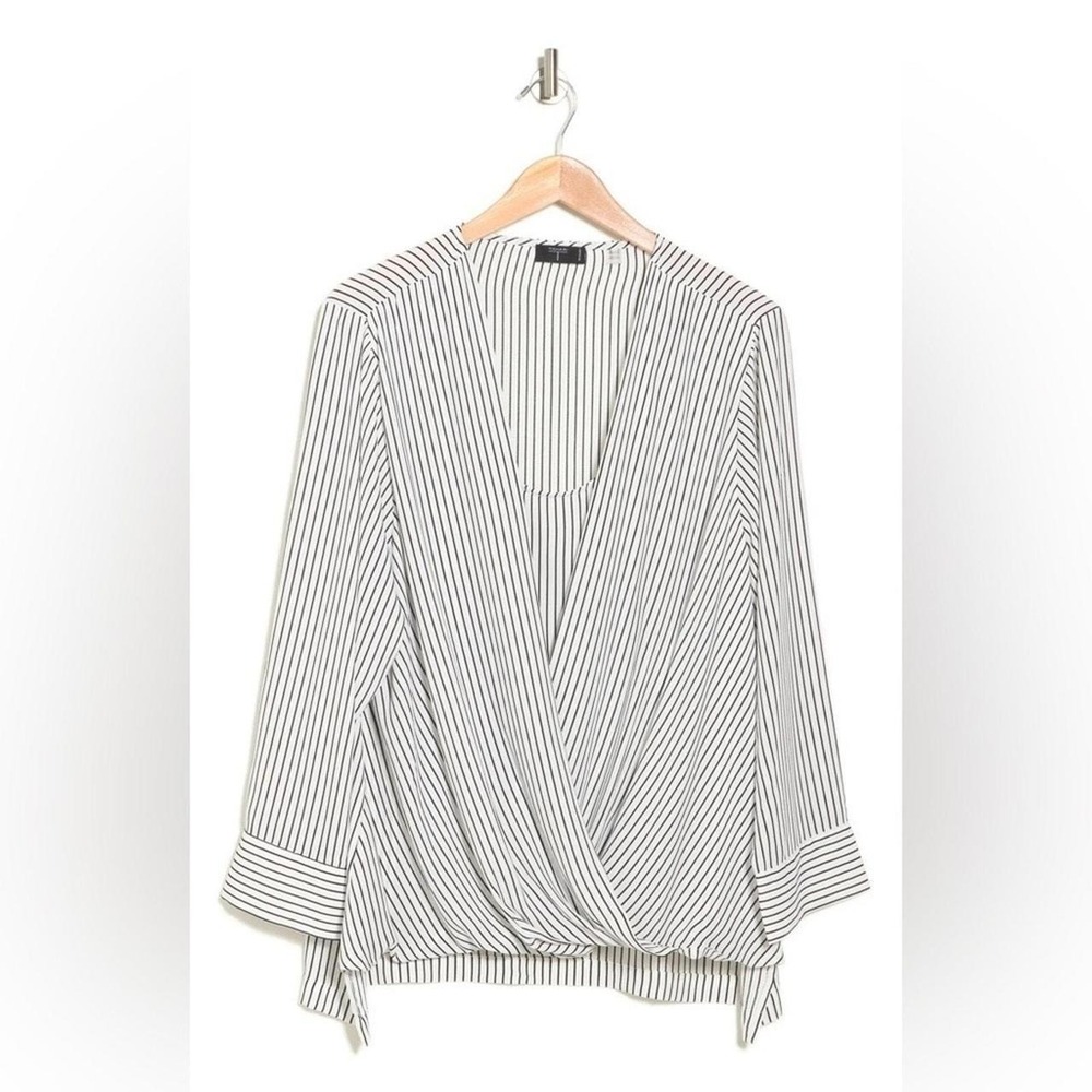Tahari Woman Striped Surplice V-Neck Blouse White Black 2X NWT